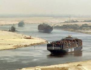 A tanker passes through the Suez Canal in Egypt.